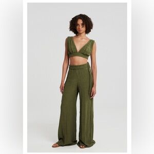 CHRISTELLE NIMA **TAN** Silk Gauze Crop Top & Wide Leg Pant S NWT